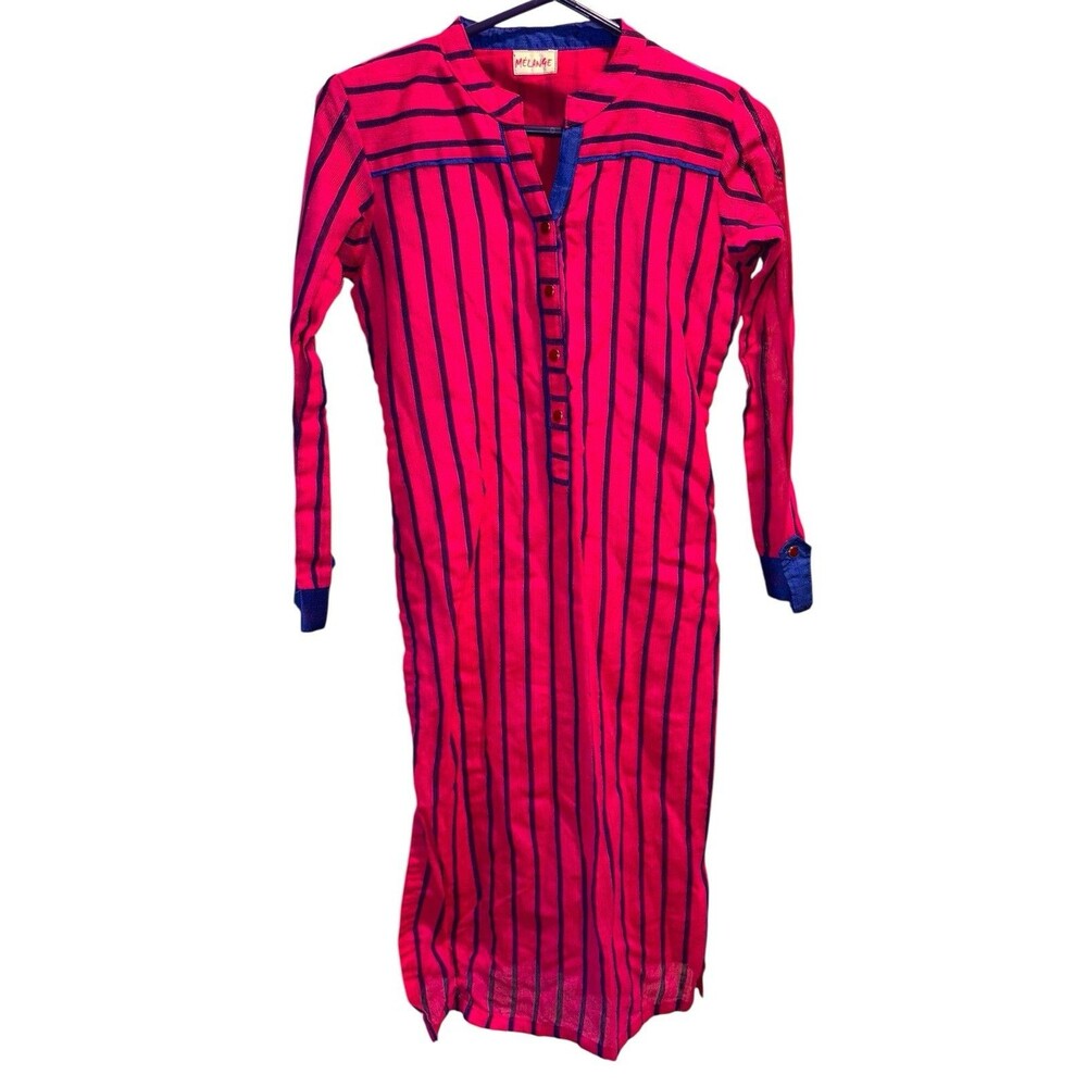 Vintage Blue Pink Striped Caftan Style Dress 70’s Boho Side Slits Button Up